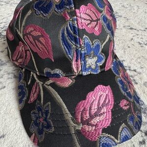 Floral Embroidered Cap - Black, Pink, and Blue with gold accents